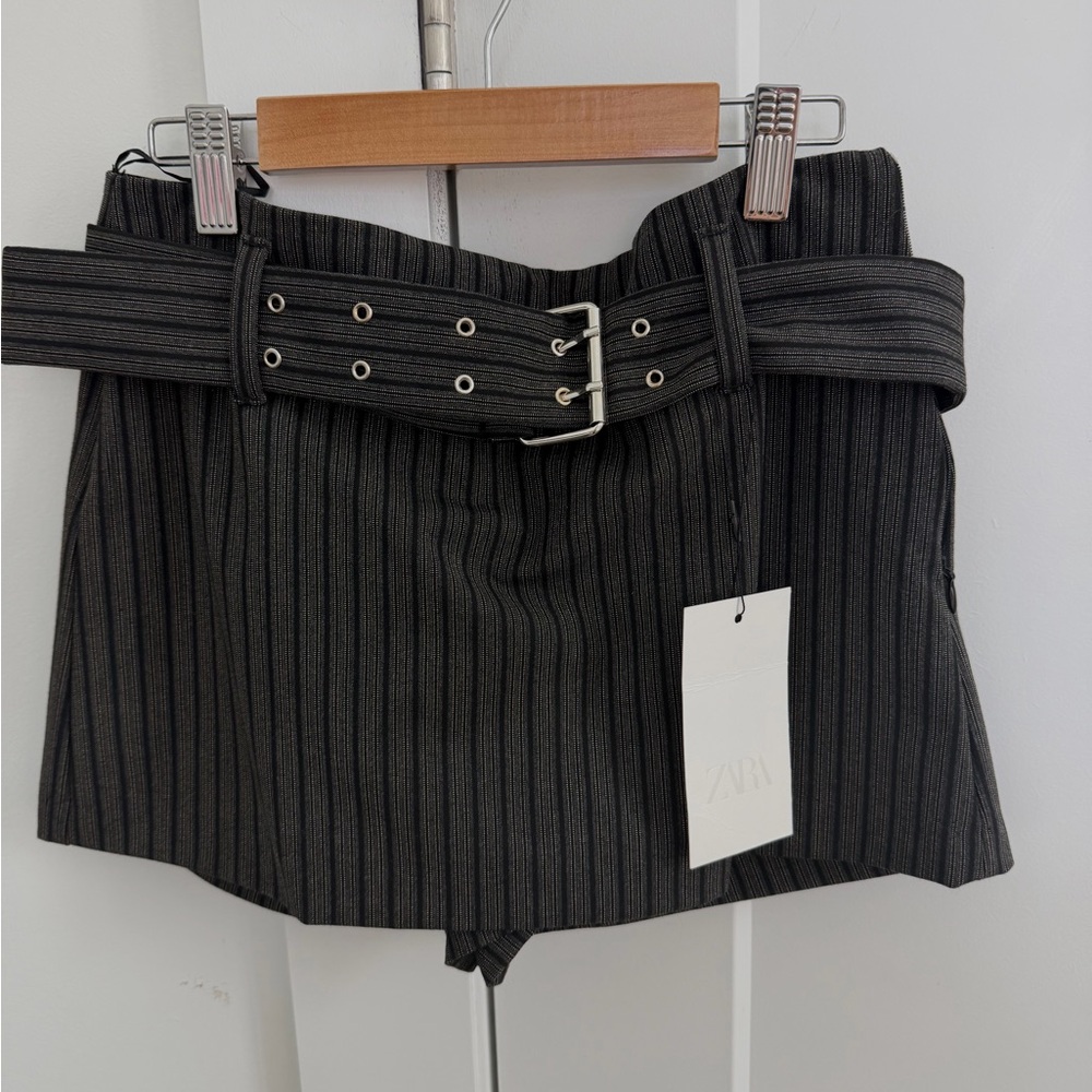 Zara Black Pinstripe Belted Mini Skort XS